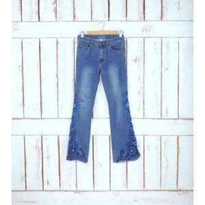 90s vintage blue denim sheer stretch boot cut beaded floral jeans